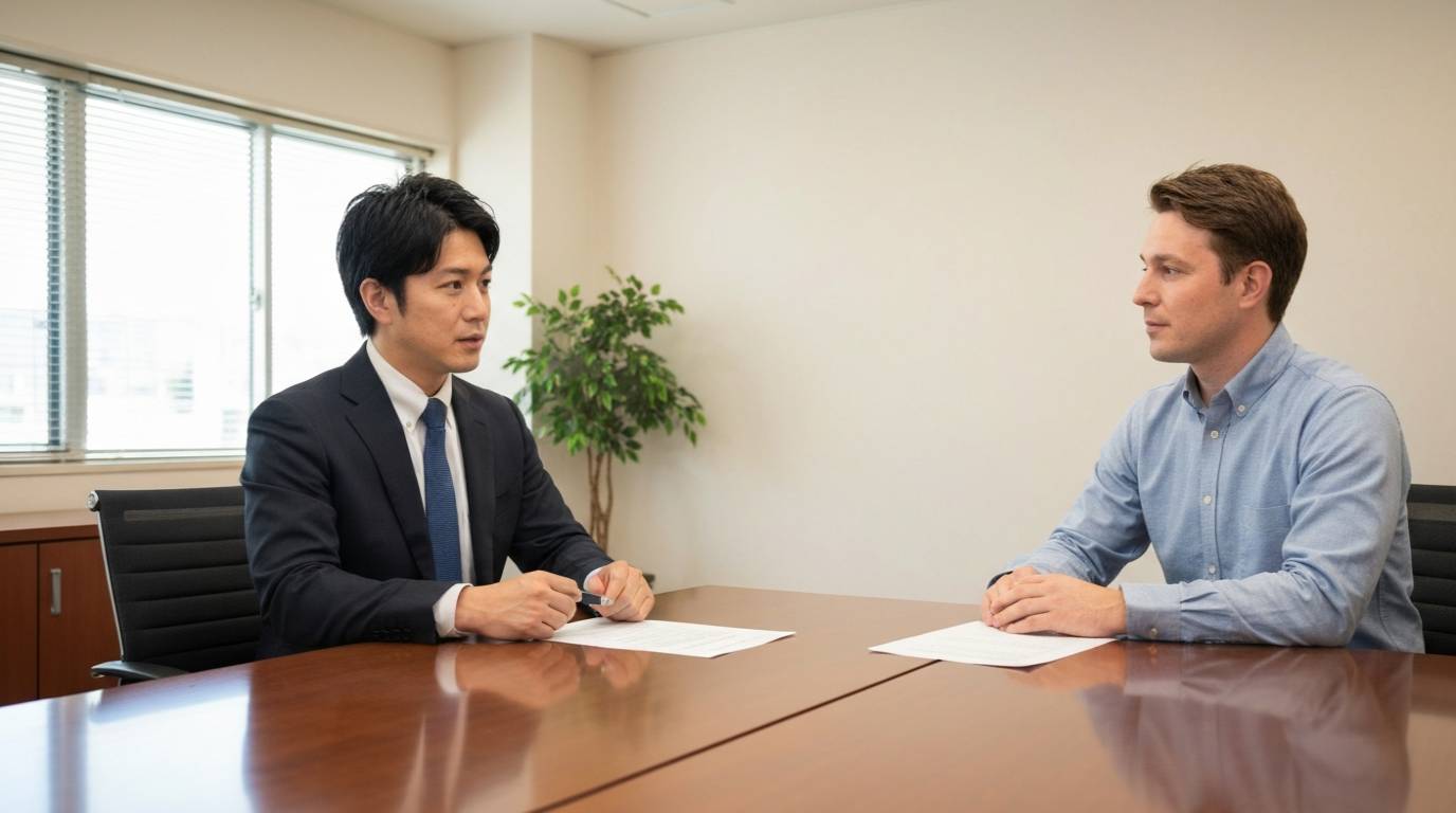 日本企業で人事担当者が退職者と誠実に対話している場面