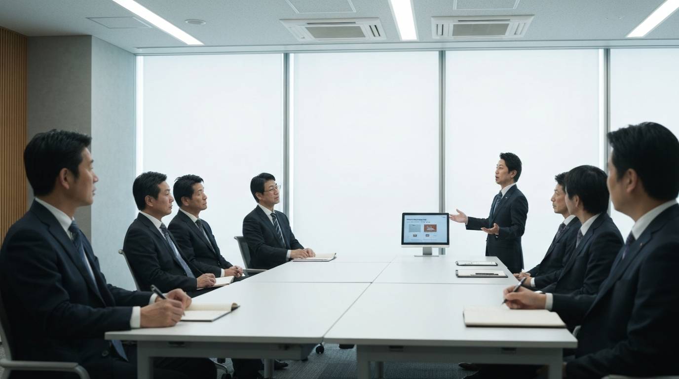 日本企業の経営会議で人事戦略についてプレゼンしている場面