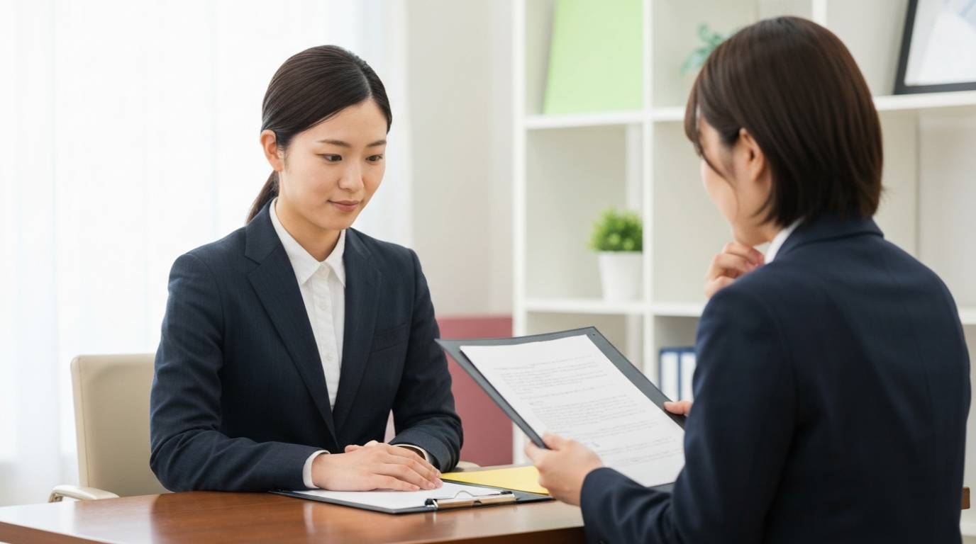 キャリア支援を受けた日本人ビジネスパーソンが前向きな表情で資料を確認している場面