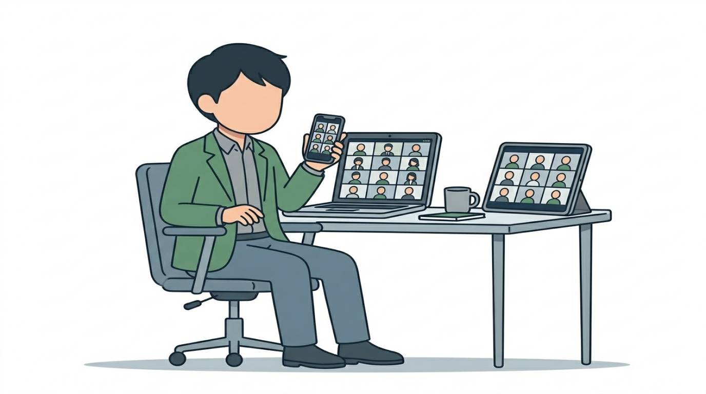 An exhausted HR salesperson surrounded by scattered target boards with no clear aim,ターゲットが定まらず疲弊するHR営業担当者のイメージ